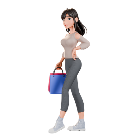 Chica adicta a las compras de pie con una bolsa de compras  3D Illustration