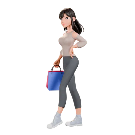 Chica adicta a las compras de pie con una bolsa de compras  3D Illustration