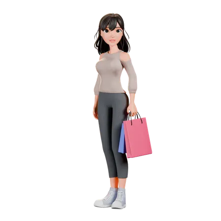 Chica adicta a las compras de pie con una bolsa de compras  3D Illustration