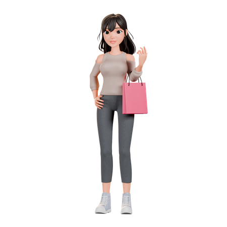 Chica adicta a las compras de pie mientras sostiene una bolsa de compras  3D Illustration