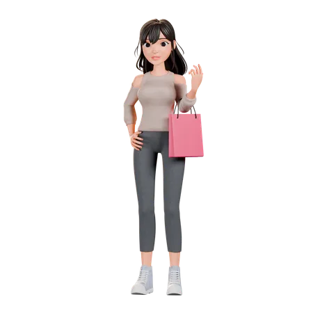 Chica adicta a las compras de pie mientras sostiene una bolsa de compras  3D Illustration