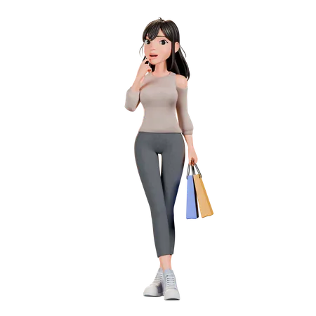 Chica adicta a las compras en pose pensativa  3D Illustration