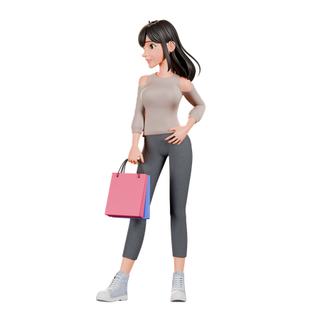 Chica adicta a las compras haciendo pose de pie con bolsa de compras  3D Illustration