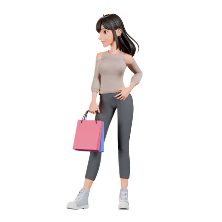 Chica adicta a las compras haciendo pose de pie con bolsa de compras  3D Illustration