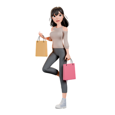 Chica adicta a las compras haciendo pose de pie con bolsa de compras  3D Illustration