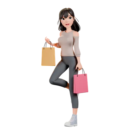 Chica adicta a las compras haciendo pose de pie con bolsa de compras  3D Illustration