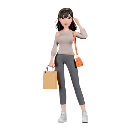 Chica adicta a las compras haciendo pose de pie con bolsa de compras  3D Illustration