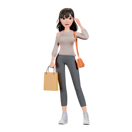 Chica adicta a las compras haciendo pose de pie con bolsa de compras  3D Illustration