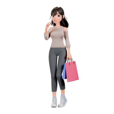 Chica adicta a las compras haciendo pose de pie con bolsa de compras  3D Illustration