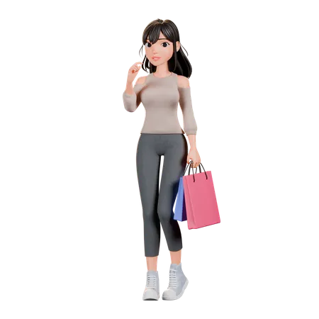 Chica adicta a las compras haciendo pose de pie con bolsa de compras  3D Illustration