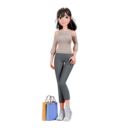 Chica adicta a las compras haciendo pose de pie con bolsa de compras  3D Illustration