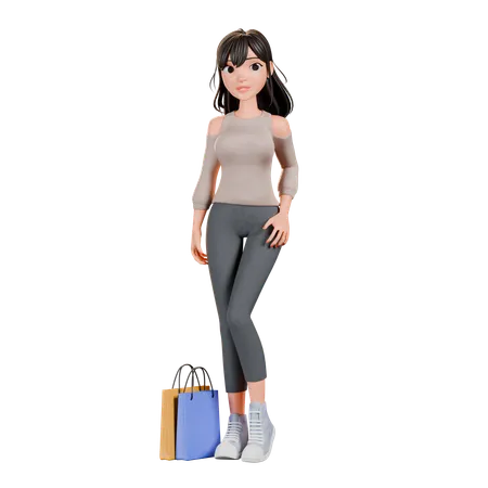 Chica adicta a las compras haciendo pose de pie con bolsa de compras  3D Illustration