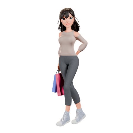 Chica adicta a las compras haciendo pose de pie con bolsa de compras  3D Illustration