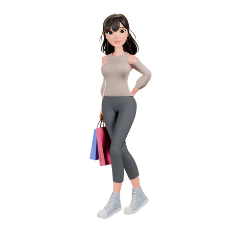 Chica adicta a las compras haciendo pose de pie con bolsa de compras  3D Illustration