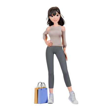 Chica adicta a las compras haciendo pose de pie con bolsa de compras  3D Illustration