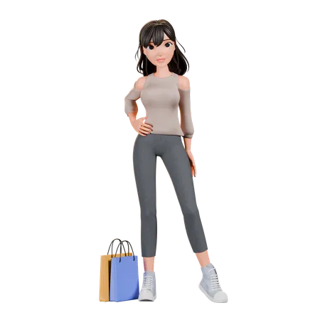 Chica adicta a las compras haciendo pose de pie con bolsa de compras  3D Illustration