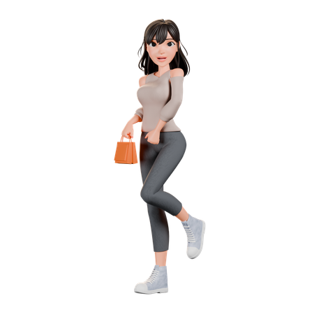 Chica adicta a las compras haciendo pose de pie mientras sostiene un bolso  3D Illustration