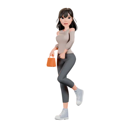 Chica adicta a las compras haciendo pose de pie mientras sostiene un bolso  3D Illustration