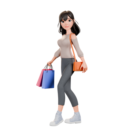 Chica adicta a las compras regresa de las compras con bolsas  3D Illustration