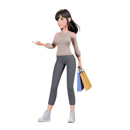 Chica adicta a las compras señalando algo  3D Illustration