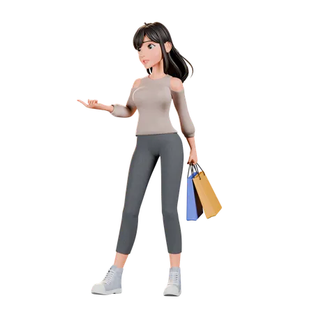 Chica adicta a las compras señalando algo  3D Illustration