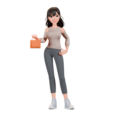 Chica adicta a las compras sosteniendo un bolso mientras está de pie  3D Illustration