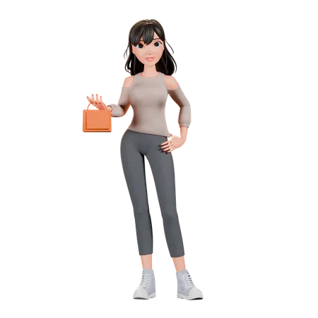 Chica adicta a las compras sosteniendo un bolso mientras está de pie  3D Illustration