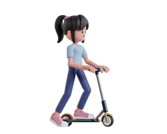 Chica alegre montando scooter en un ambiente alegre  3D Illustration