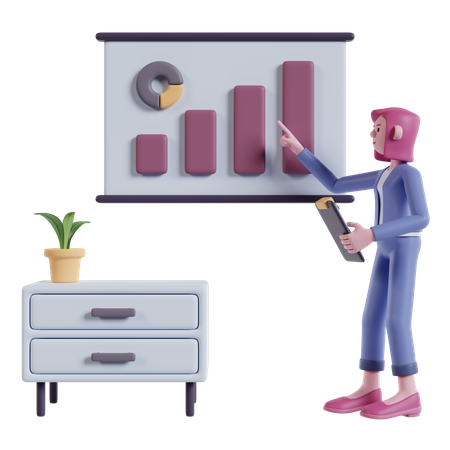 Chica analiza datos de marketing.  3D Icon
