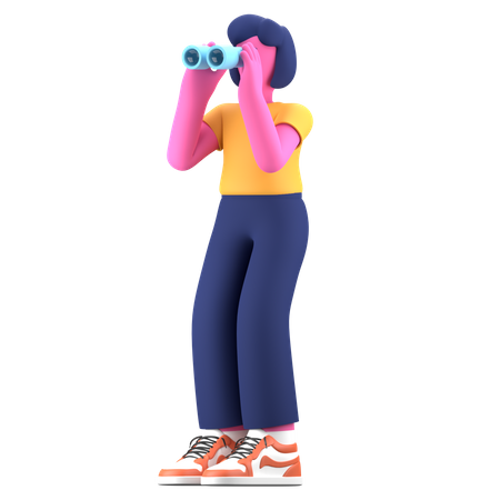 Chica buscando usando binoculares  3D Illustration