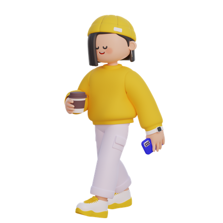 Chica caminando mientras sostiene un café y su teléfono  3D Icon