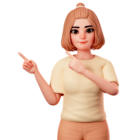 Chica casual apuntando hacia el lado superior izquierdo usando ambas manos  3D Illustration