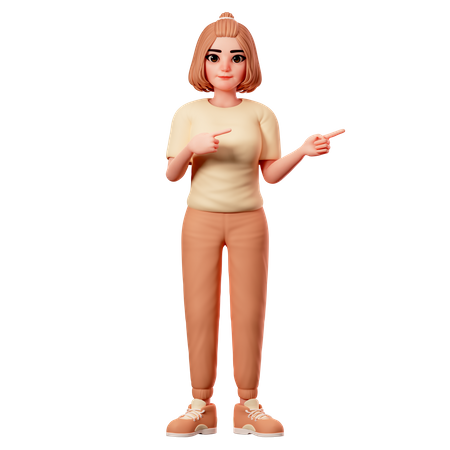Chica casual apuntando hacia el lado derecho usando ambas manos  3D Illustration