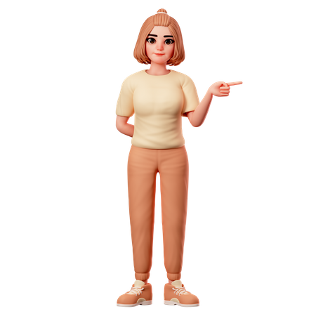 Chica casual apuntando hacia el lado derecho usando la mano derecha  3D Illustration