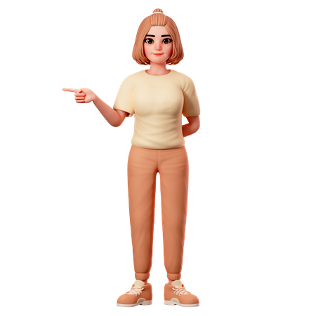 Chica casual apuntando hacia el lado izquierdo usando la mano izquierda  3D Illustration