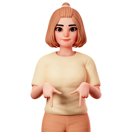 Chica casual apuntando hacia abajo usando ambas manos  3D Illustration