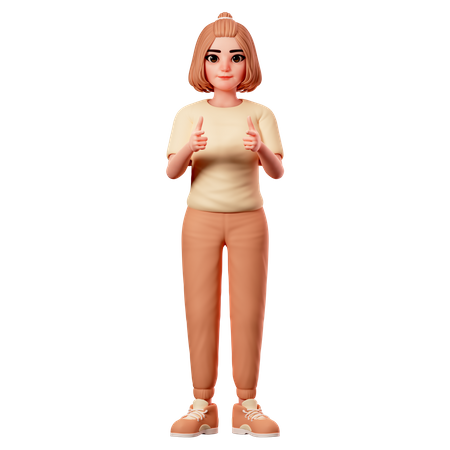 Chica casual apuntando hacia adelante usando ambas manos  3D Illustration