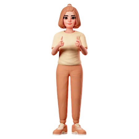 Chica casual apuntando hacia adelante usando ambas manos  3D Illustration