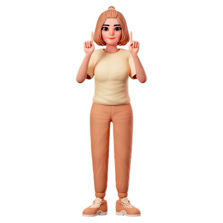 Chica casual apuntando hacia la parte superior con ambas manos  3D Illustration