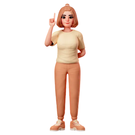 Chica casual apuntando al lado superior con la mano izquierda  3D Illustration