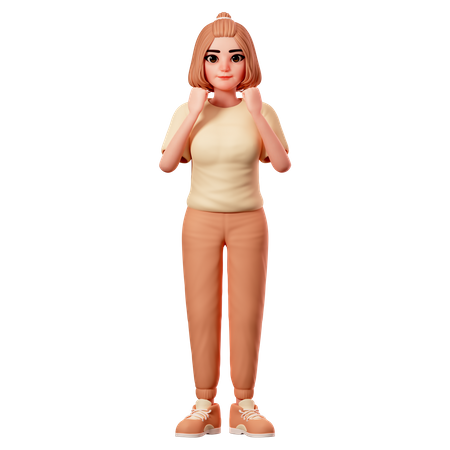 Chica casual con pose feliz, mostrando el gesto de la mano del puño  3D Illustration