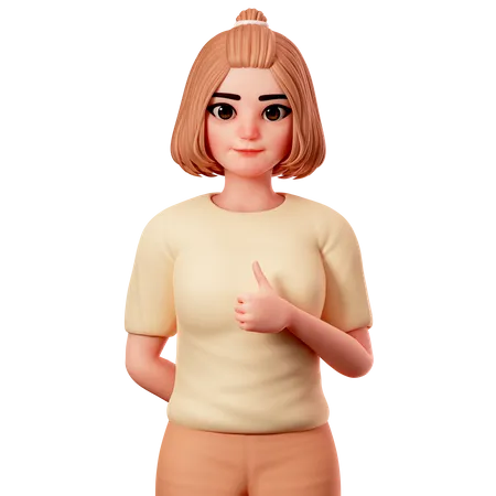 Chica casual mostrando los pulgares hacia arriba usando la mano derecha  3D Illustration