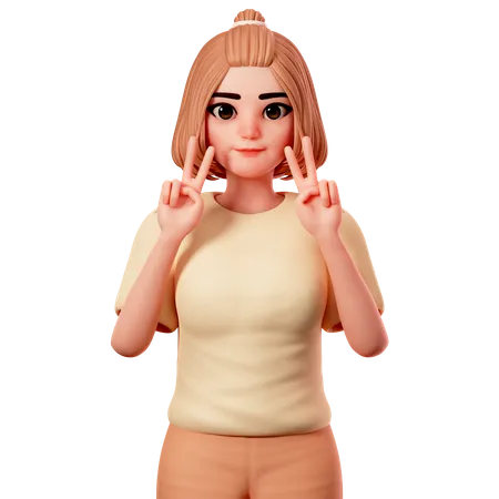 Chica casual mostrando gesto de paz usando ambas manos  3D Illustration