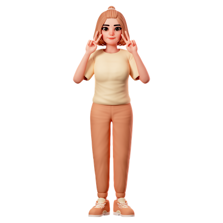 Chica casual mostrando gesto de paz usando ambas manos  3D Illustration