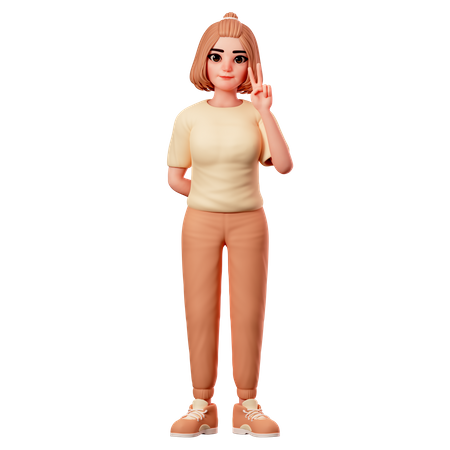 Chica casual mostrando gesto de paz usando la mano derecha  3D Illustration