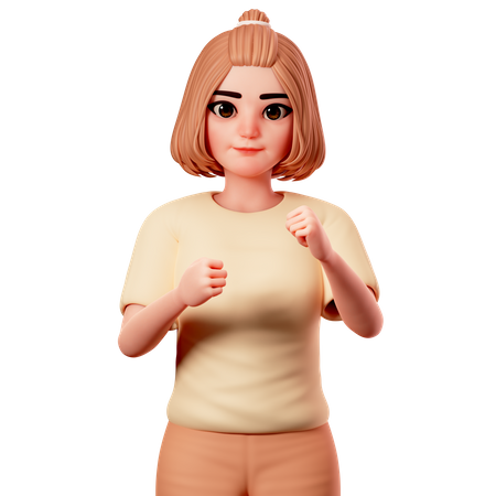 Chica casual mostrando lista para pelear con la mano del puño  3D Illustration