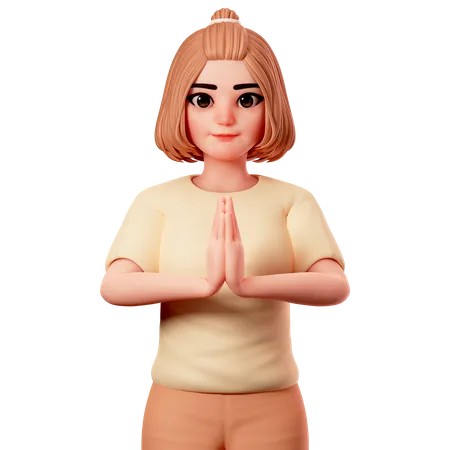 Chica casual mostrando Namaste o gesto con la mano doblada  3D Illustration