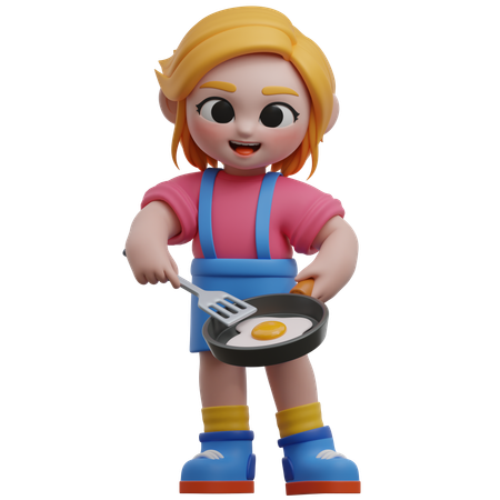 Chica cocinando huevo frito  3D Illustration