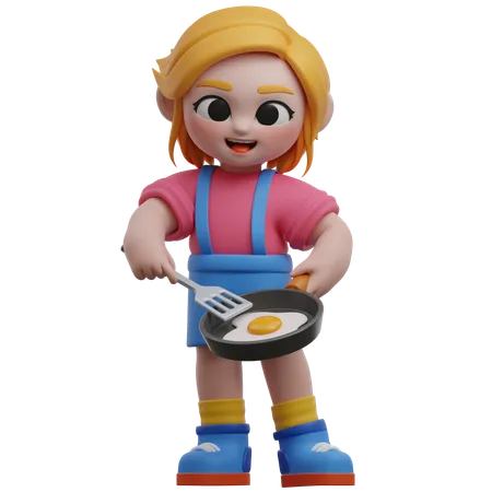 Chica cocinando huevo frito  3D Illustration