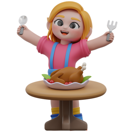 Niña comiendo pollo asado  3D Illustration